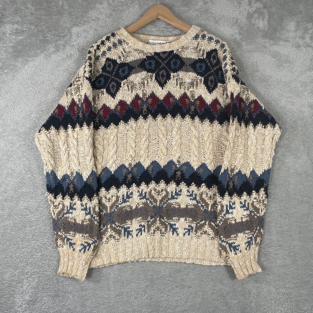 Great Lakes Recreation Sweater Mens Medium Beige 3D Knit Fair Isle Coogi Style‎